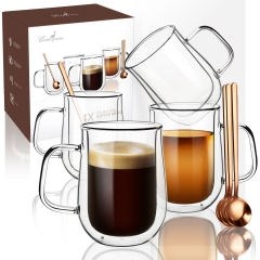 Clear Coffee Mug 16 OZ, Double Borosilicate Glass Coffee Cups Set of 4 with Spoons,Insulated Glass Coffee Mug for Hot Beverages