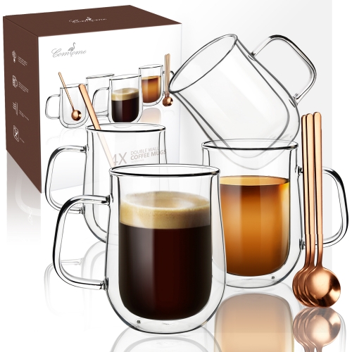 Clear Coffee Mug 16 OZ, Double Borosilicate Glass Coffee Cups Set of 4 with Spoons,Insulated Glass Coffee Mug for Hot Beverages