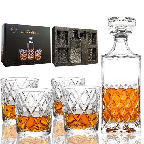 LIGHTEN LIFE 5 Piece Whiskey Decanter Sets,Non-Lead Whiskey Decanter with 4  Glasses in Gift Box,Crystal Bourbon Decanter Set,Scotch Decanter Set with