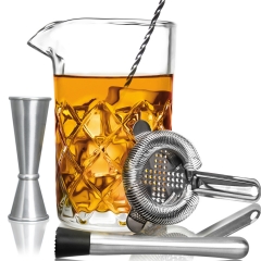 Lighten Life Cocktail Mixing Glass Set,Bar Mixing Set with 20oz Crystal Thick Bottom Glass,Spoon, Jigger,Strainer and Muddler,5 Pieces Cocktail Mixing