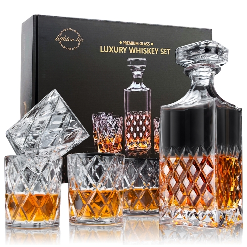 Lighten Life Whiskey Decanter Sets,Italian Style Decanter Set with 4 Glasses in Gift Box, Crystal Glass Decanter Set for Bourbon,Scotch,Liquor,Whiskey